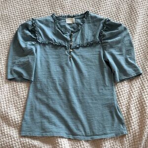 Soft Blue Ruffle Yoke Button-Front Blouse